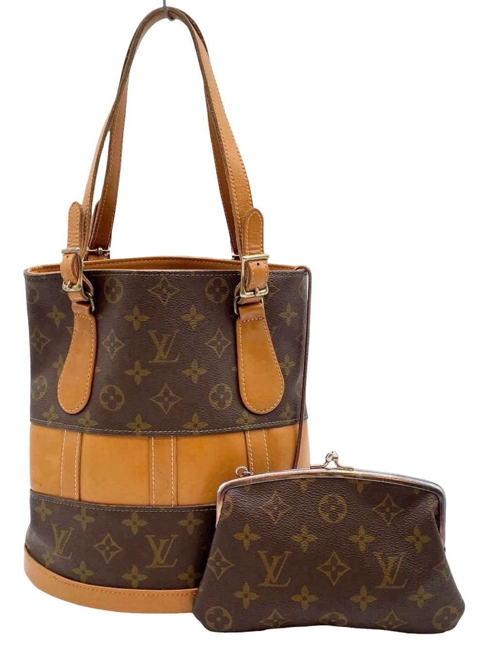 Louis Vuitton Monogram Bucket PM Shoulder Bag w/ Matching Pochette Vintage